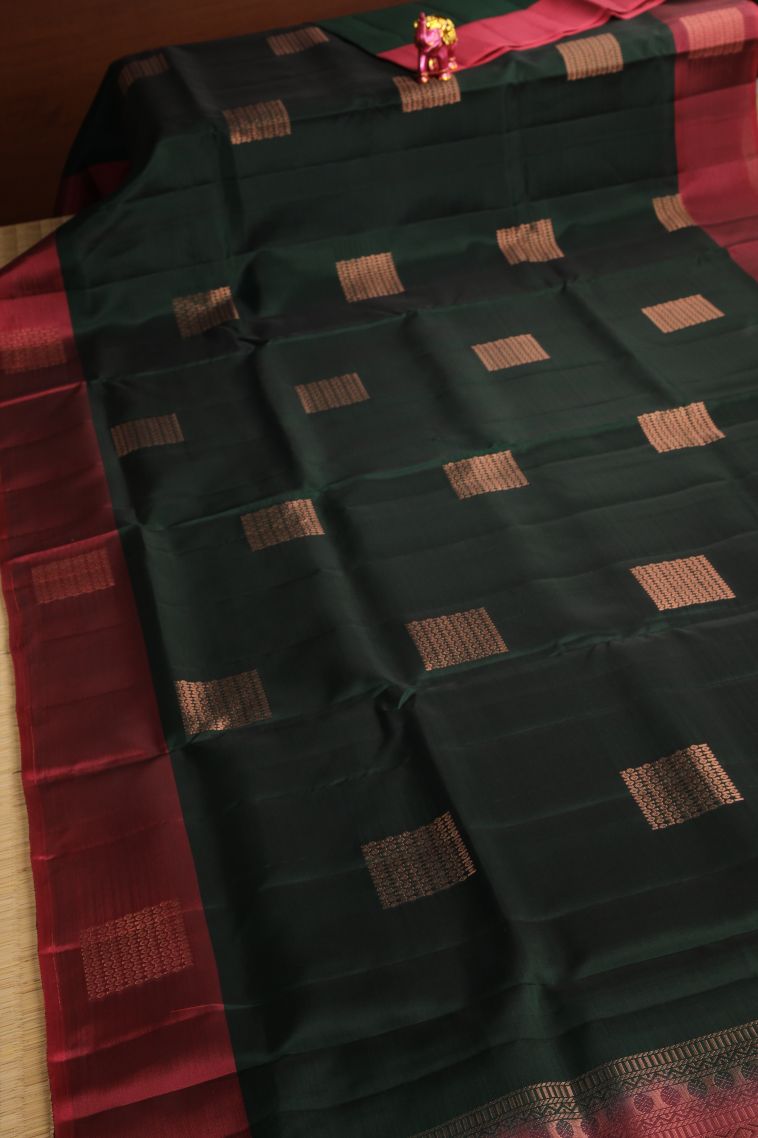 Bottle Green Soft Silk Saree with Copper Zari Geometric Shapes view 2