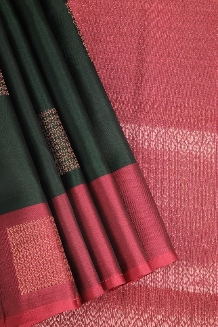 Bottle Green Soft Silk Saree with Copper Zari Geometric Shapes view 1
