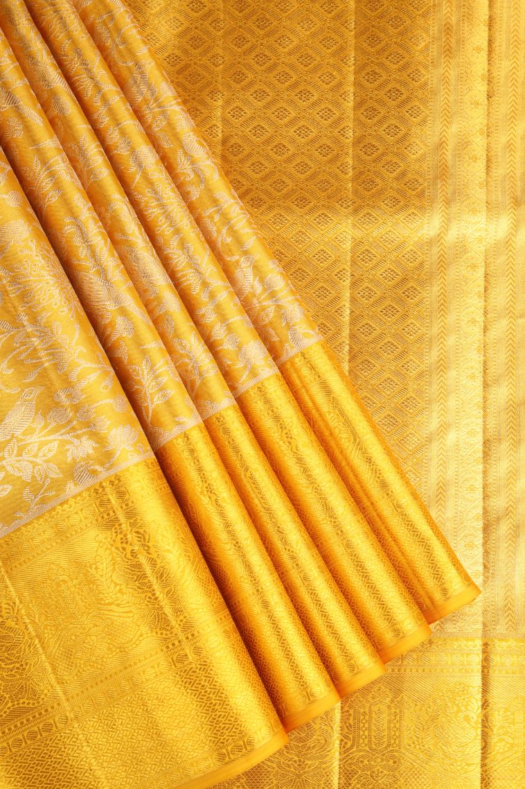 Gold Kanchipuram Silk Sarees with Gold Zari Birds And Floral Pattern view 1