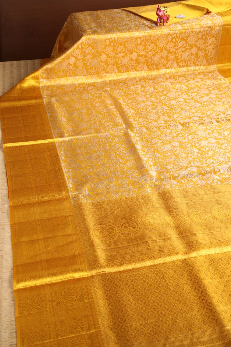 Gold Kanchipuram Silk Sarees with Gold Zari Birds And Floral Pattern view 2