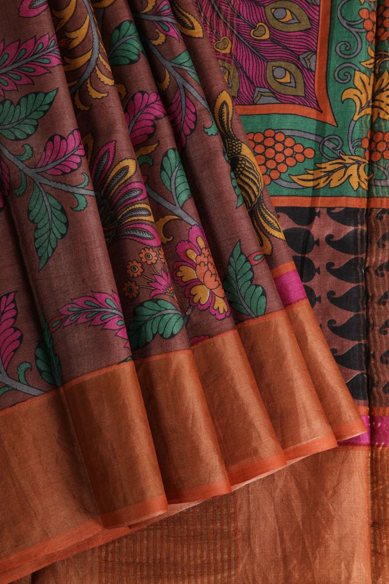 Cinnamon Brown Tussar Saree with Gold Zari Floral Patterns view 1