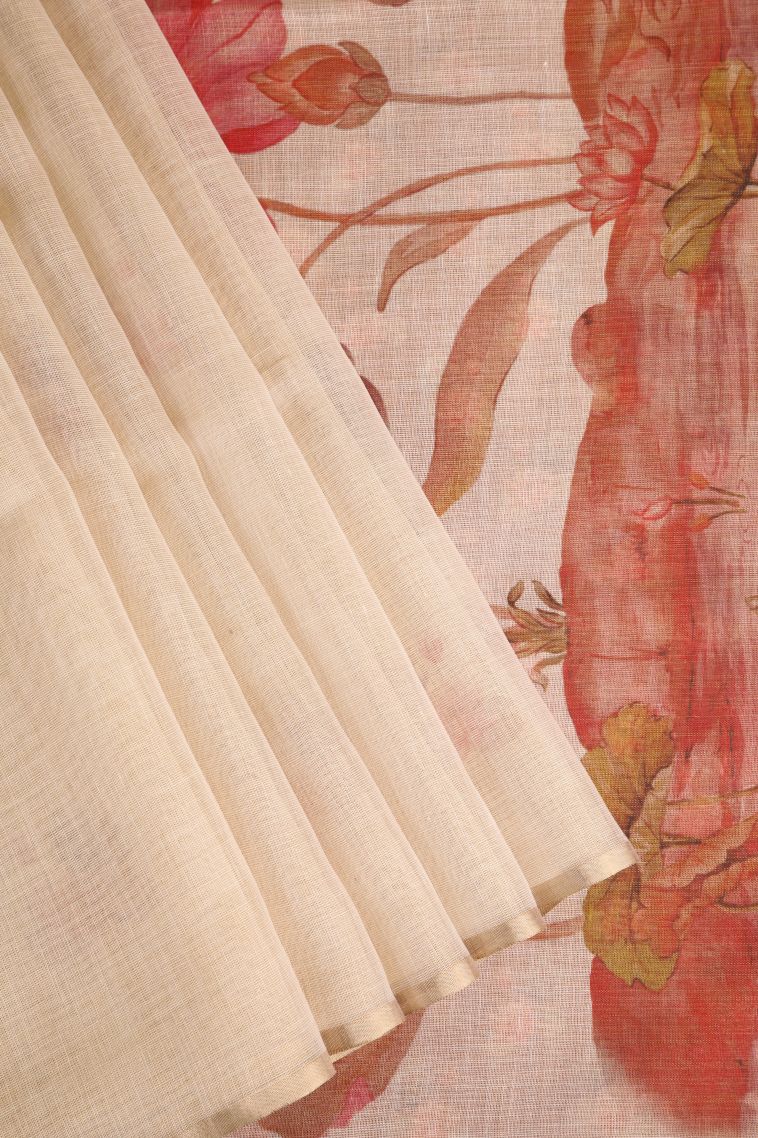 Coconut White Linen Saree with Without Zari Zari Floral Patterns view 1