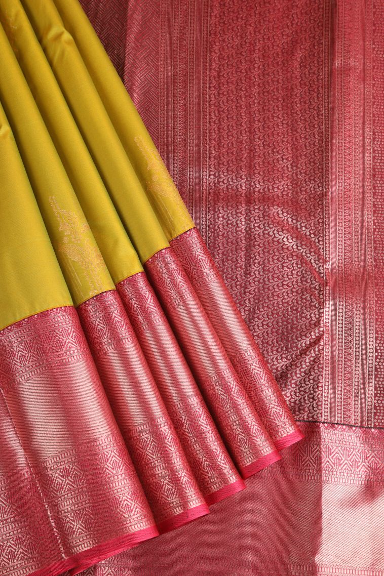 Lime Green Apoorva Silk Sarees with Copper Zari Floral Puttas view 1