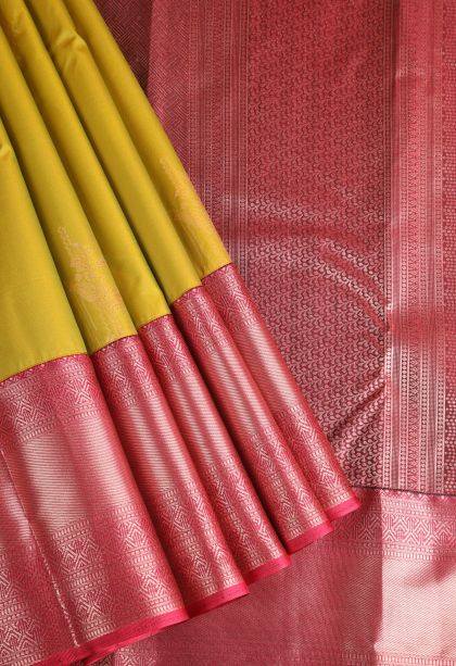 Lime Green Apoorva Silk Sarees with Copper Zari Floral Puttas