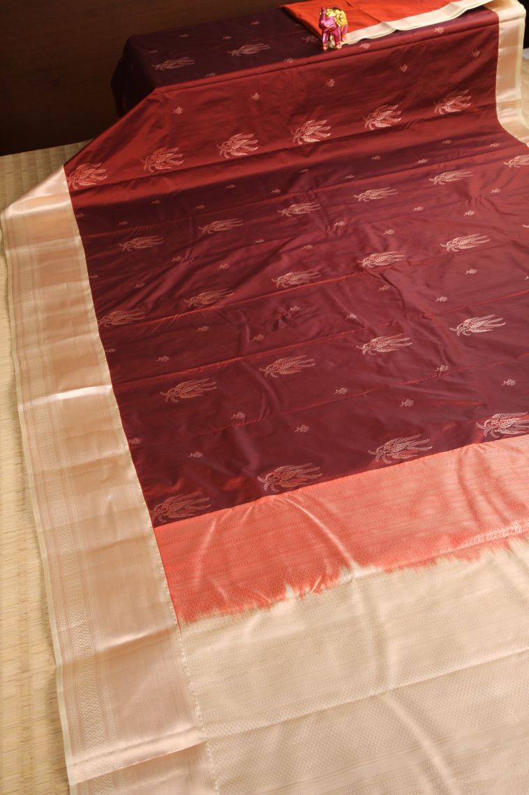 Apple Red Apoorva Silk Sarees with Gold Zari Floral Puttas view 2