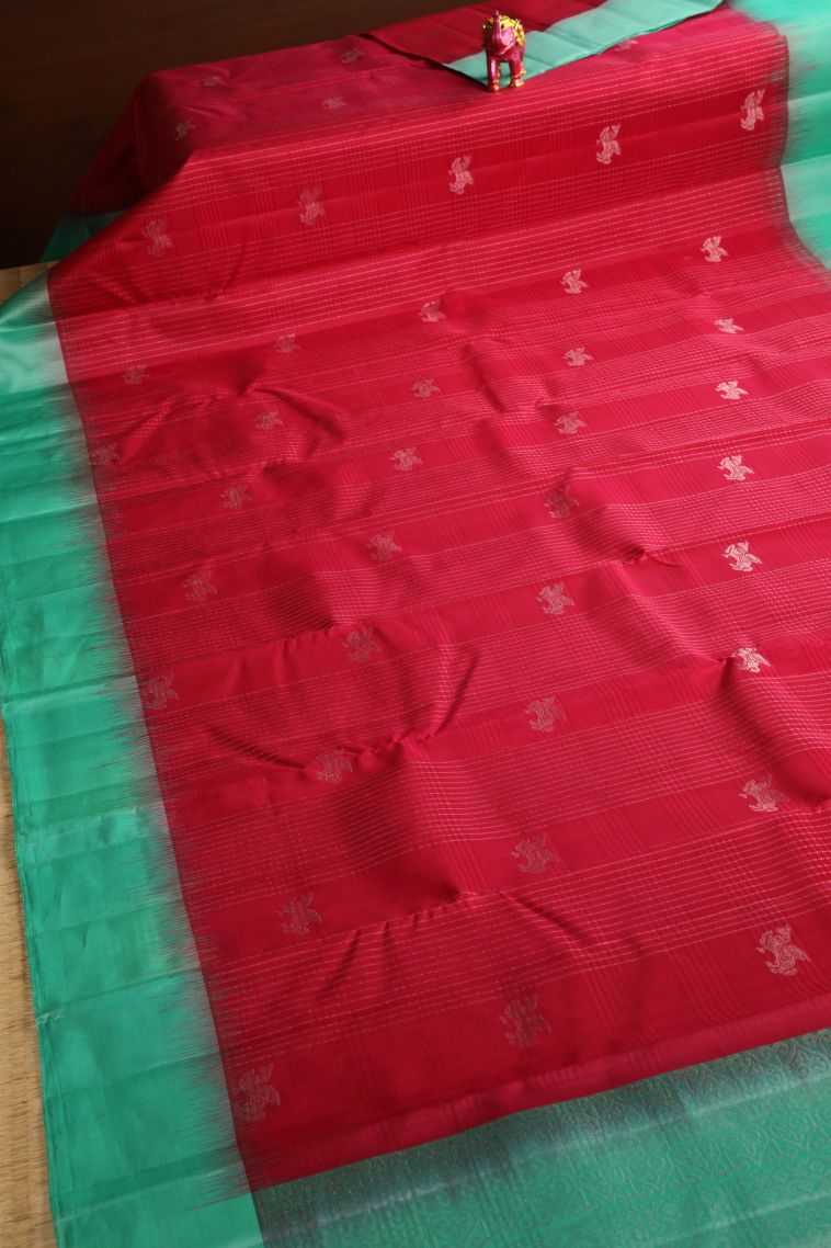 Rose  Red Soft Silk Saree with Gold And Silver Zari Stripes view 2