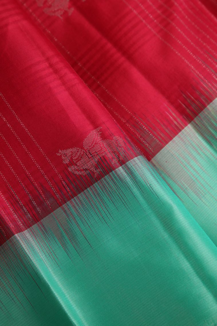 Rose  Red Soft Silk Saree with Gold And Silver Zari Stripes view 4