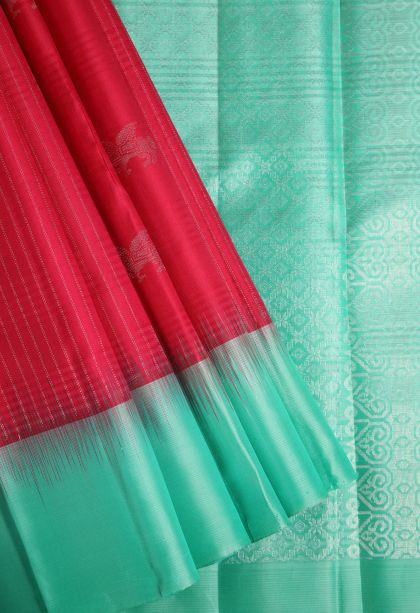 Rose Red Soft Silk Saree with Gold And Silver Zari Stripes
