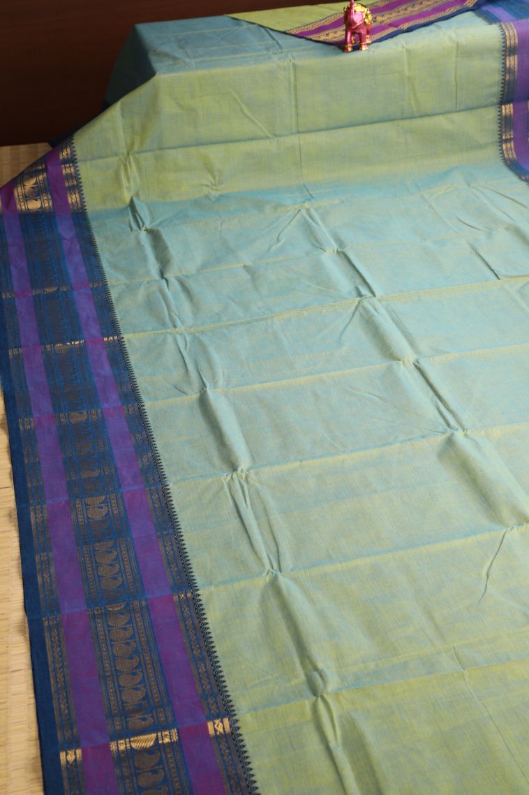 Pistachio Green Chettinad Cotton Sarees with Gold Zari Plain view 2
