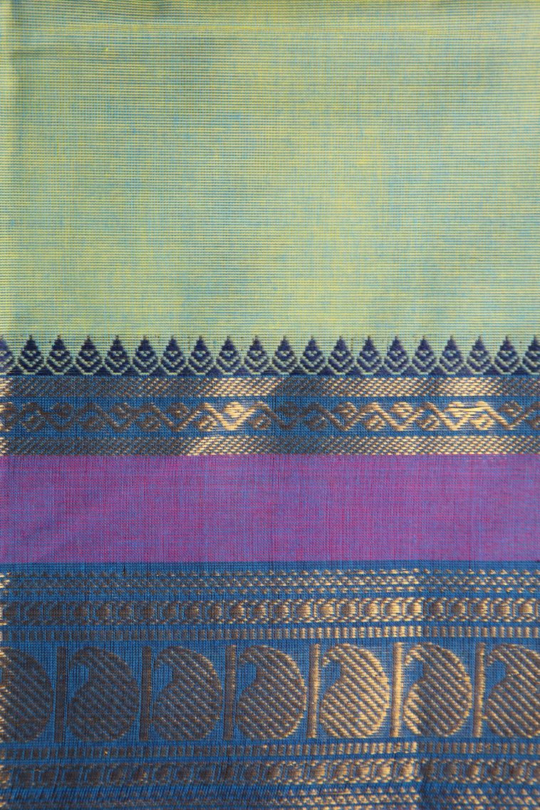 Pistachio Green Chettinad Cotton Sarees with Gold Zari Plain view 3