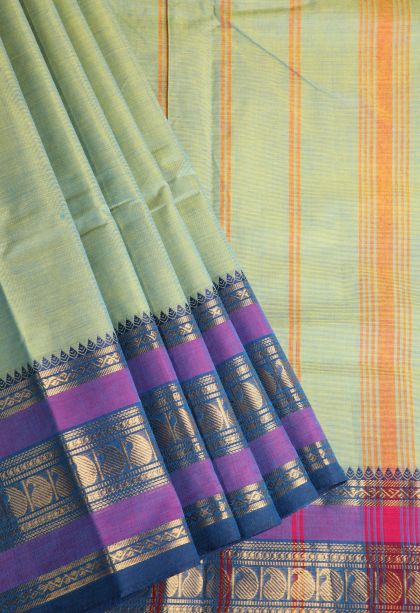 Pistachio Green Chettinad Cotton Sarees with Gold Zari Plain