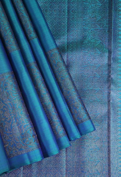 Aegean Blue Kanchipuram Silk Sarees with Antic Zari Geometric Shapes