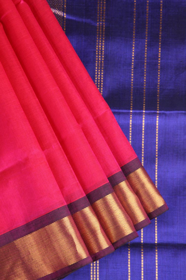 Hot Pink Silk Cotton with Gold Zari Plain view 1