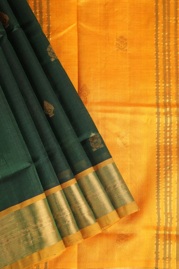 Basil Green Silk Cotton with Gold Zari Buttis (small Dots Or Motifs) view 1