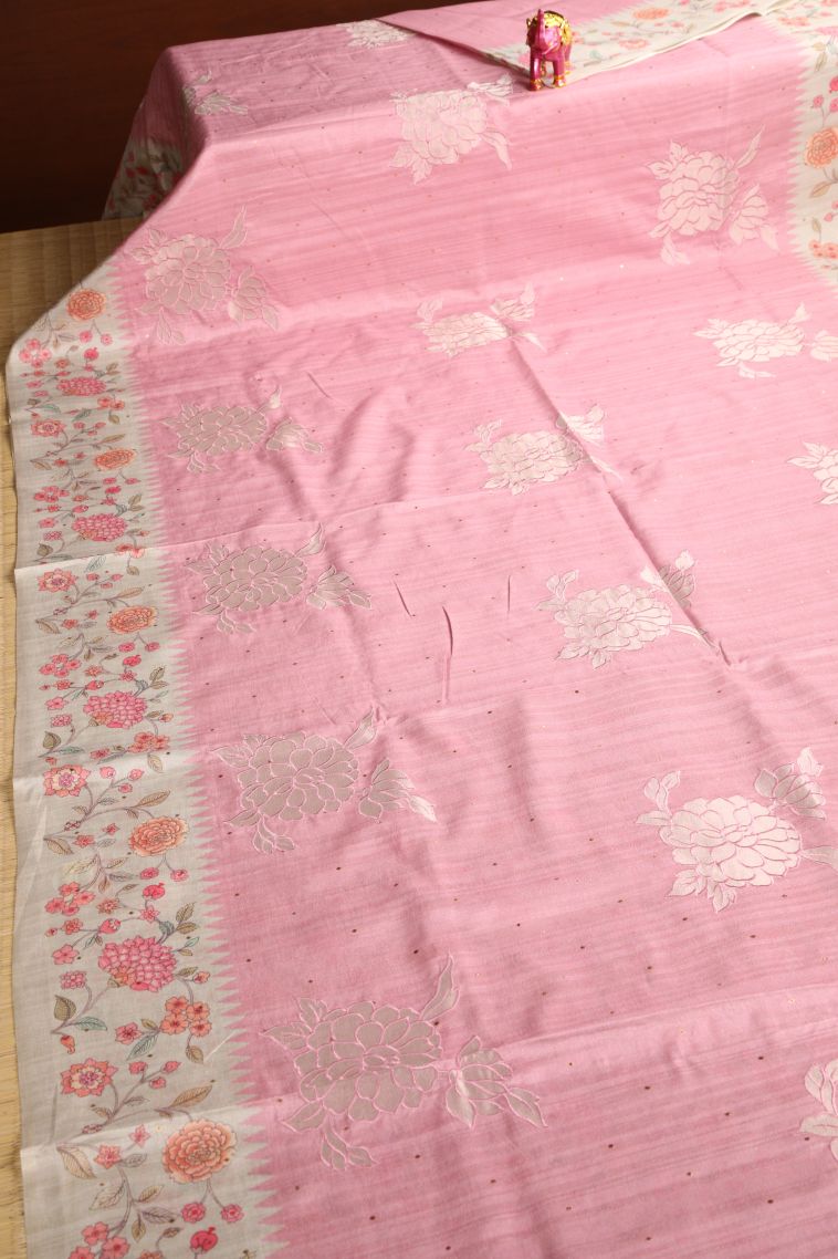 Crepe Pink Tussar Saree with Without Zari Zari Floral Puttas view 2