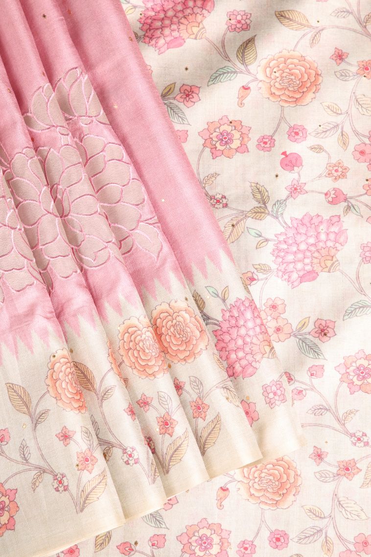 Crepe Pink Tussar Saree with Without Zari Zari Floral Puttas view 1