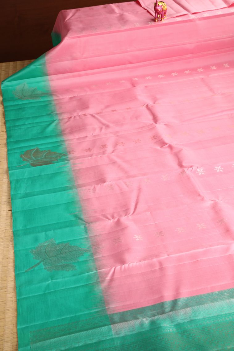 Rose Pink Soft Silk Saree with Gold Zari Floral Puttas view 2