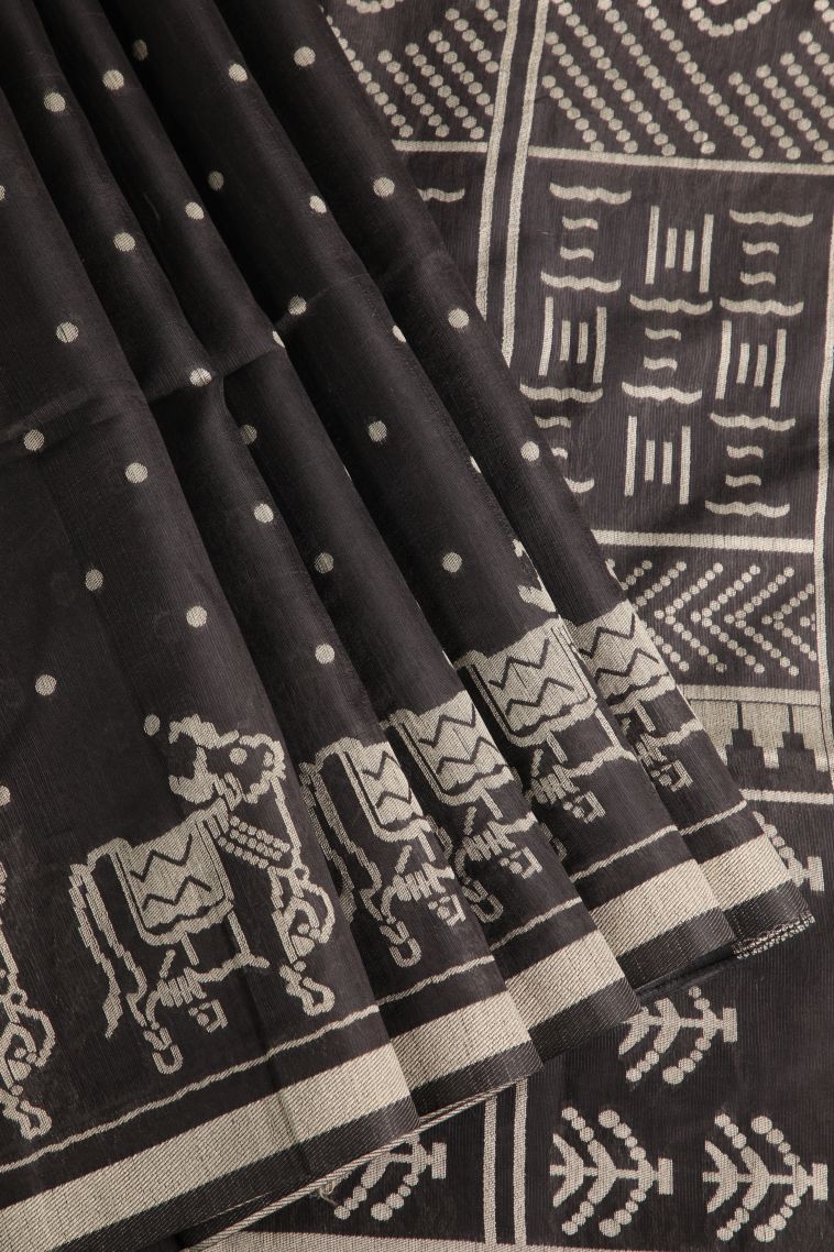 Asphalt Black Semi Tussar Silk with Without Zari Zari Buttis (small Dots Or Motifs) view 1