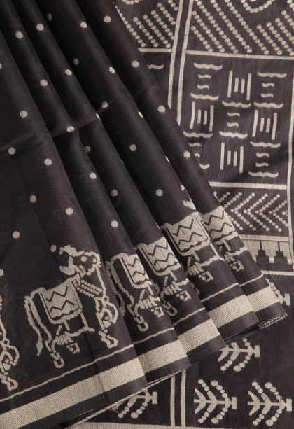 Asphalt Black Semi Tussar Silk with Without Zari Zari Buttis (small Dots Or Motifs)