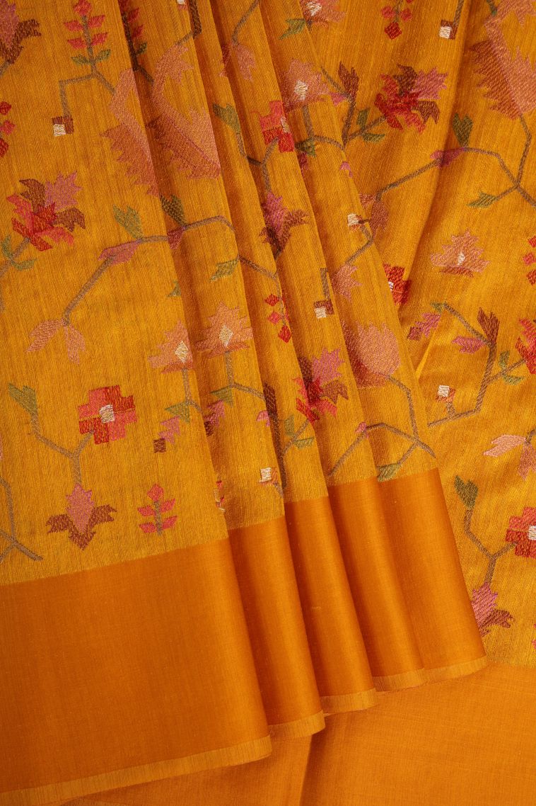 Honey Orange Jute Sarees with Without Zari Zari Floral Puttas view 1