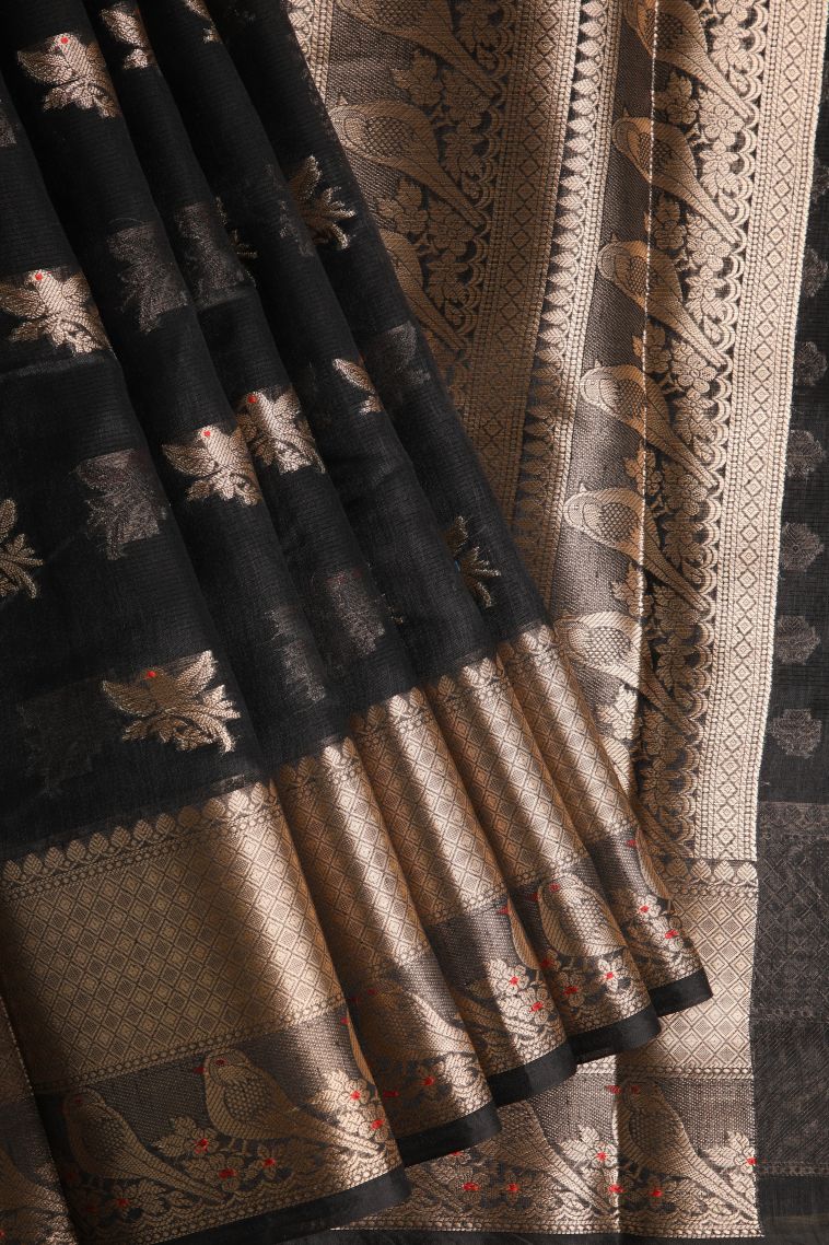 Abbey Black Banaras Sarees with Gold Zari Birds Mottif view 1