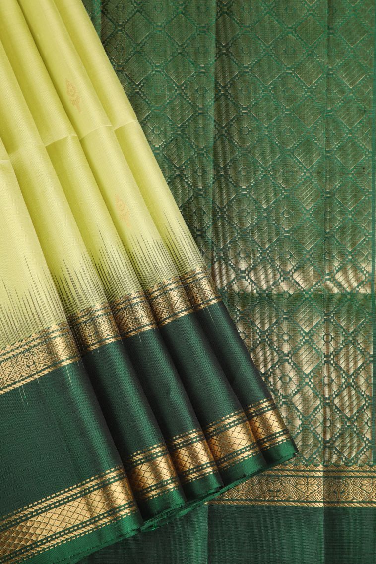 Pickle Green Soft Silk Saree with Gold Zari Floral Puttas