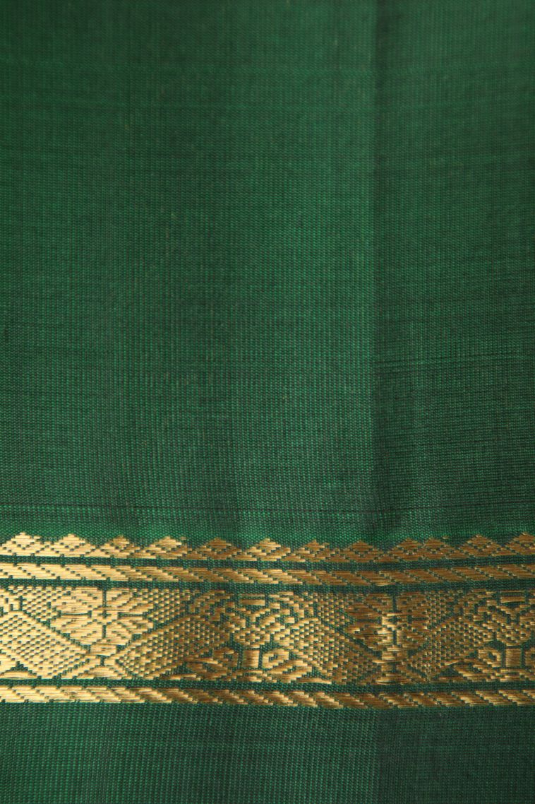 Pickle Green Soft Silk Saree with Gold Zari Floral Puttas view 3