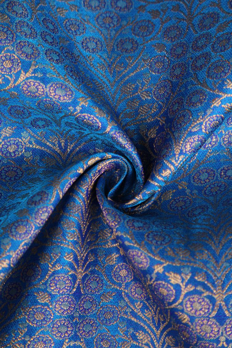 Cobalt Blue Kanchipuram Silk Sarees with Gold Zari Floral Patterns view 4