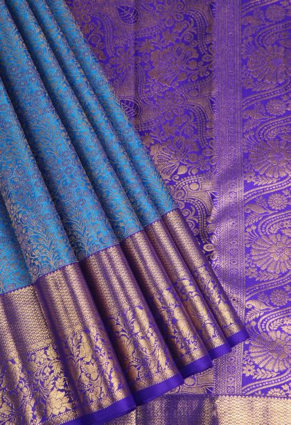 Cobalt Blue Kanchipuram Silk Sarees with Gold Zari Floral Patterns