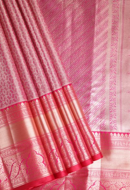 Bubblegum Pink Tissue Silk Sarees with Gold Zari Floral Patterns