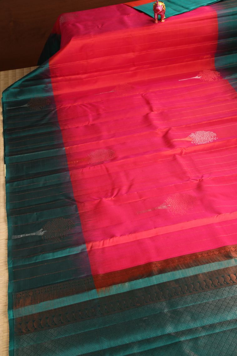 Candy Red Soft Silk Saree with Gold Zari Floral Puttas view 2