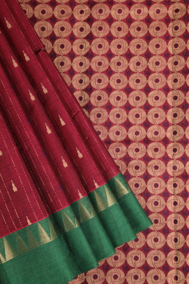Berry Red Chettinad Cotton Sarees with Without Zari Zari Temple Pattern view 1