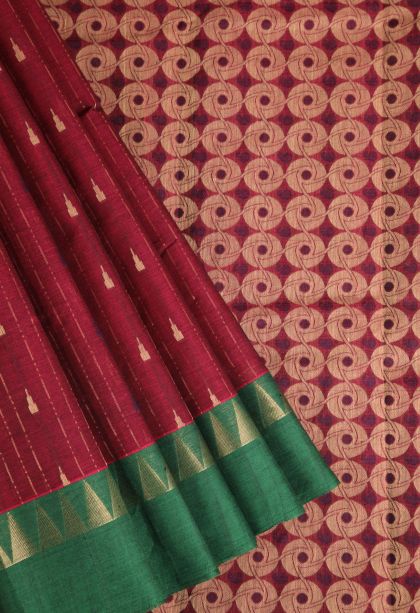 Berry Red Chettinad Cotton Sarees with Without Zari Zari Temple Pattern