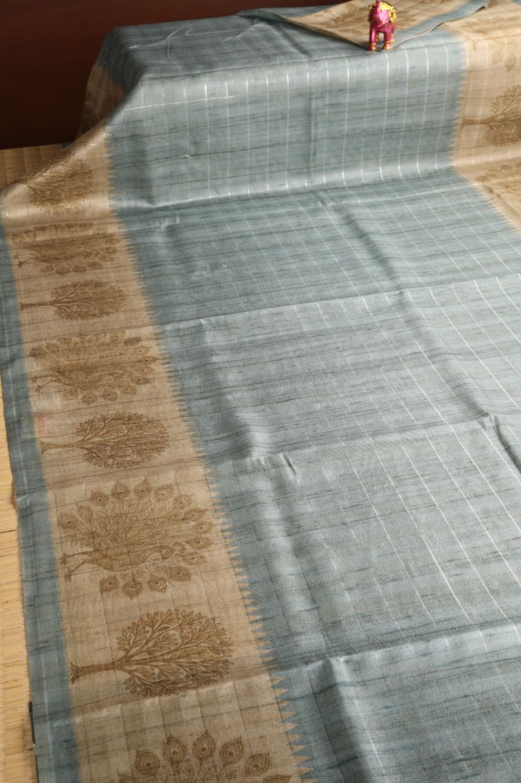 Stone Blue Jute Sarees with Silver Zari Checks view 2