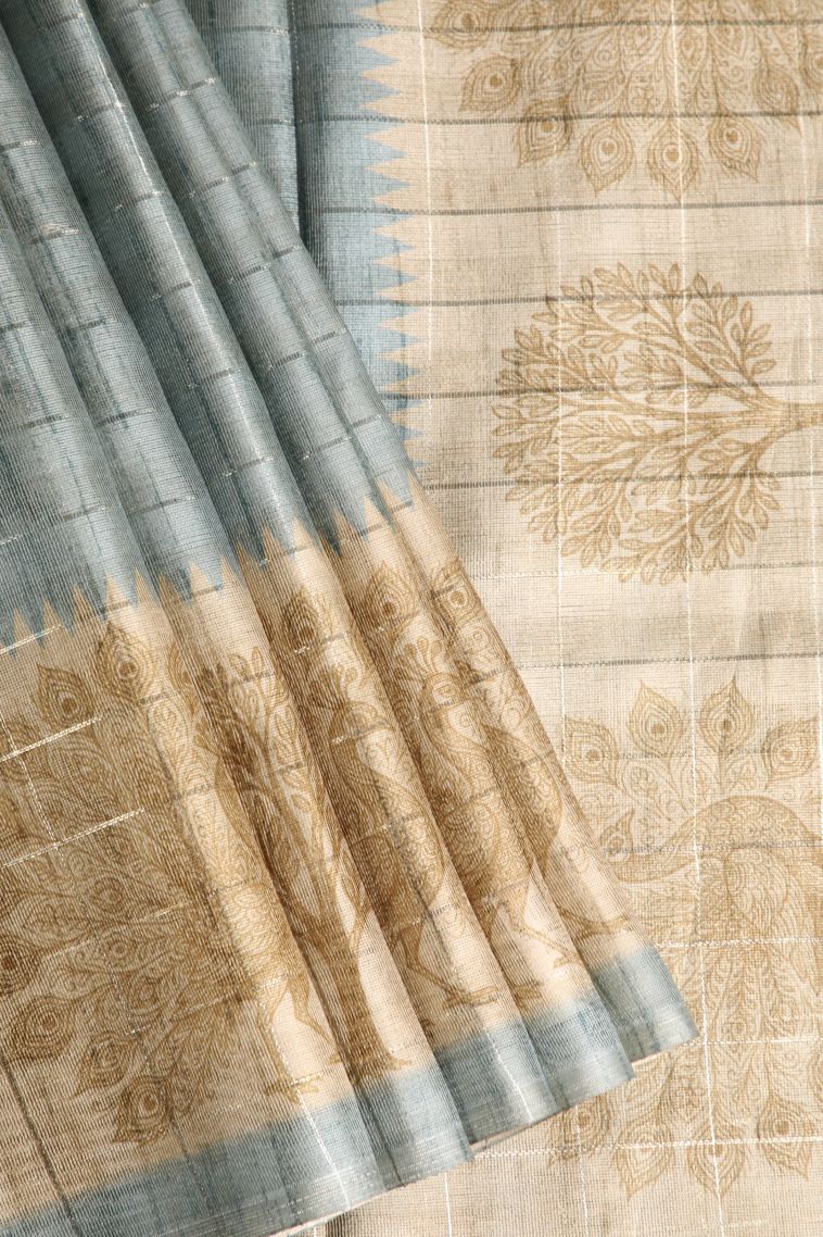 Stone Blue Jute Sarees with Silver Zari Checks view 1