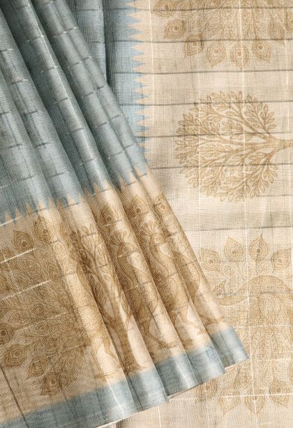 Stone Blue Jute Sarees with Silver Zari Checks