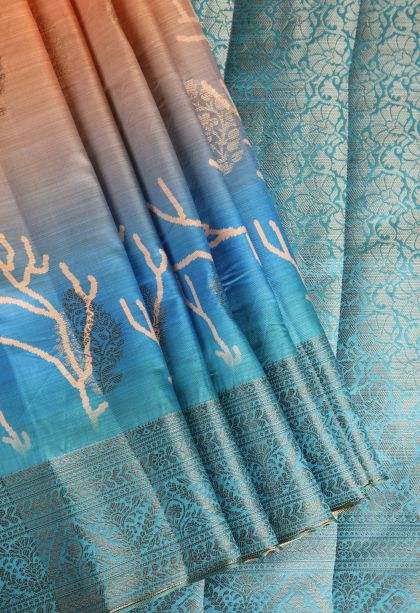 Flamingo Pink Semi Raw Silk Printed with Antic Zari Thilagam Puttas