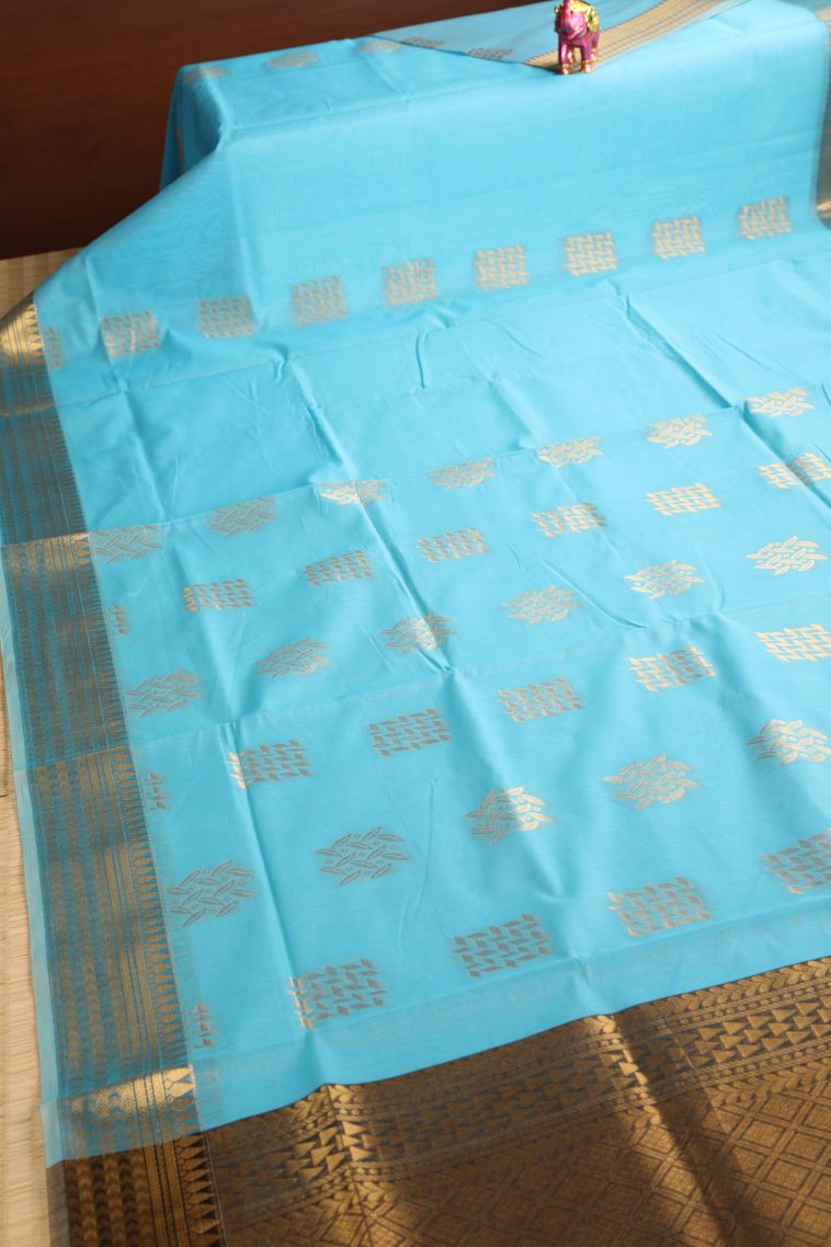 Arctic Blue Silk Cotton with Gold Zari Floral Puttas view 2
