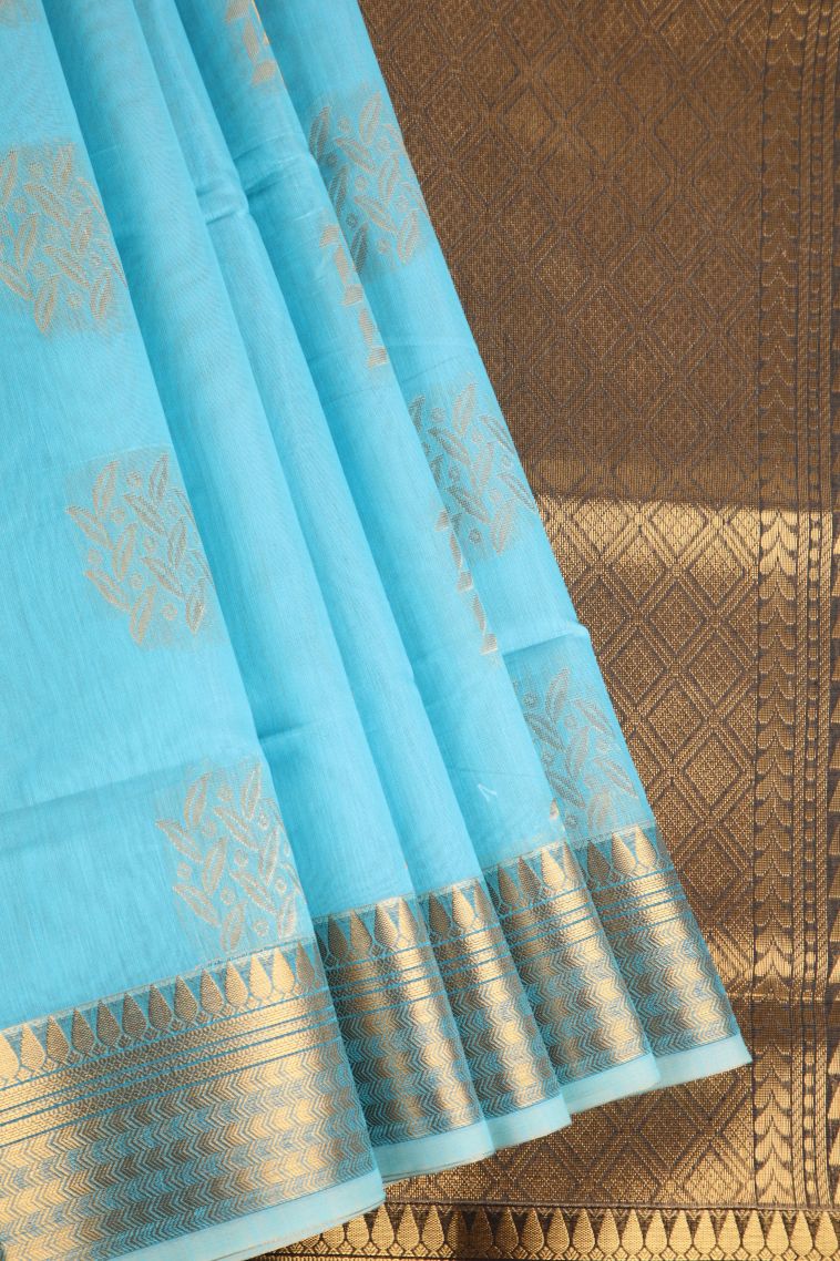 Arctic Blue Silk Cotton with Gold Zari Floral Puttas view 1