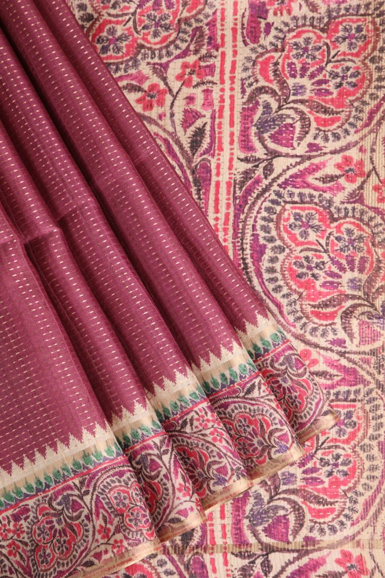 Magenta Purple Semi Tussar Silk with Gold Zari Vaira Oosi view 1