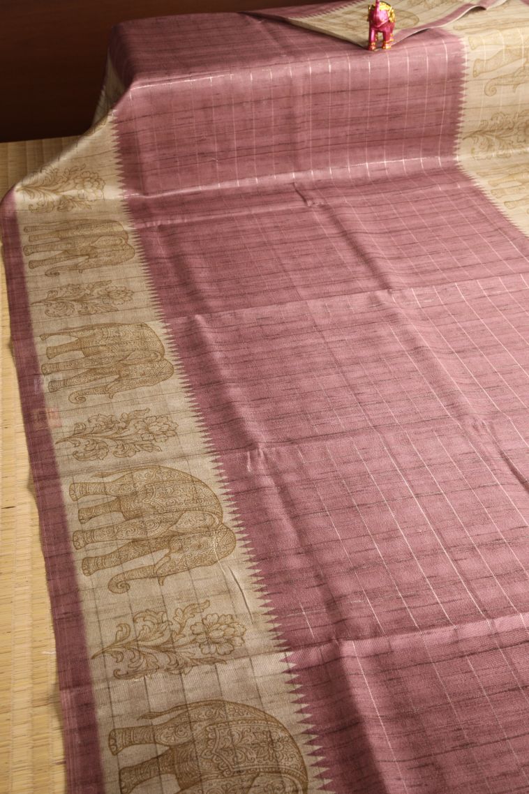Rosewood Pink Jute Sarees with Silver Zari Checks view 2