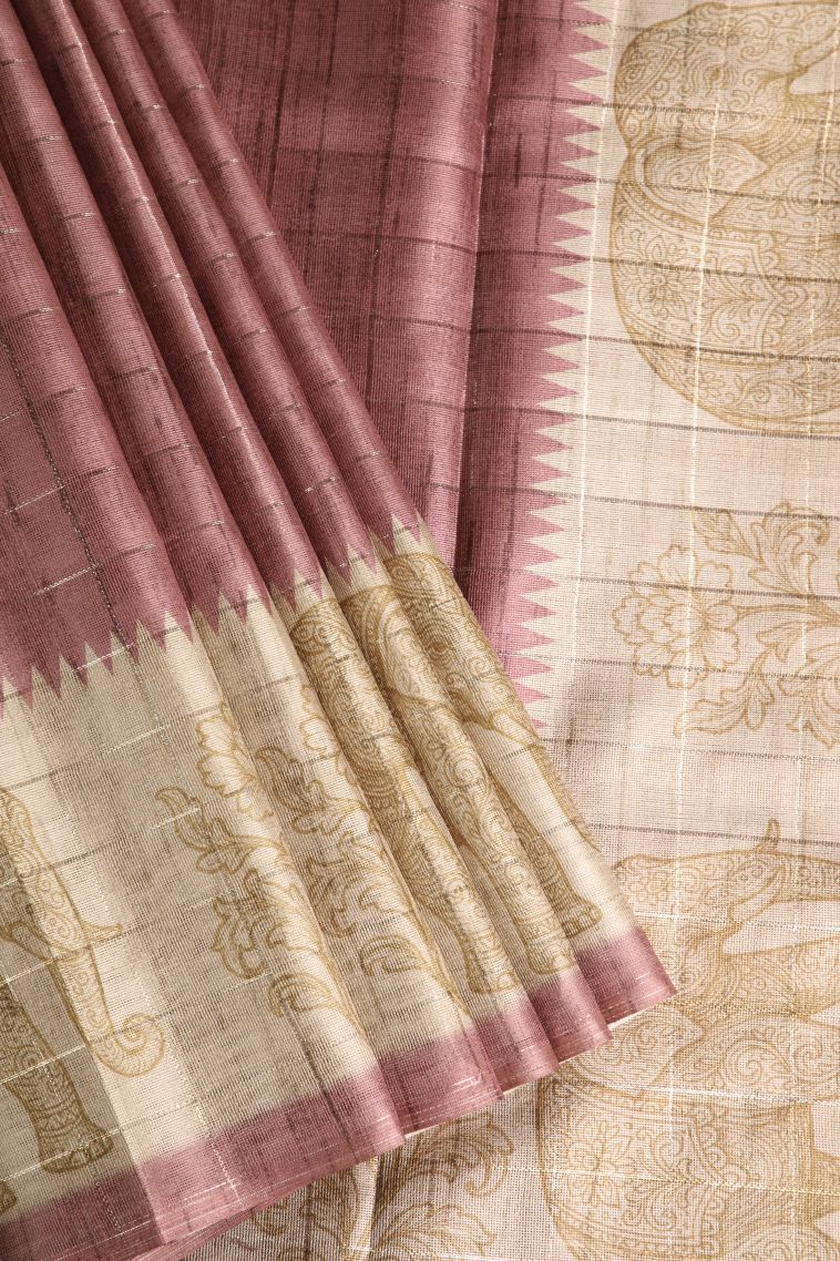 Rosewood Pink Jute Sarees with Silver Zari Checks view 1