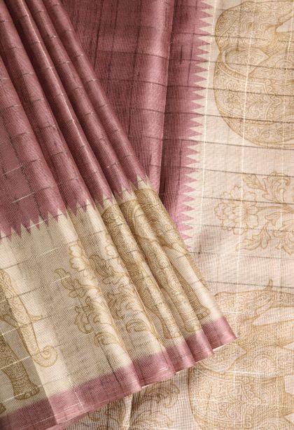 Rosewood Pink Jute Sarees with Silver Zari Checks