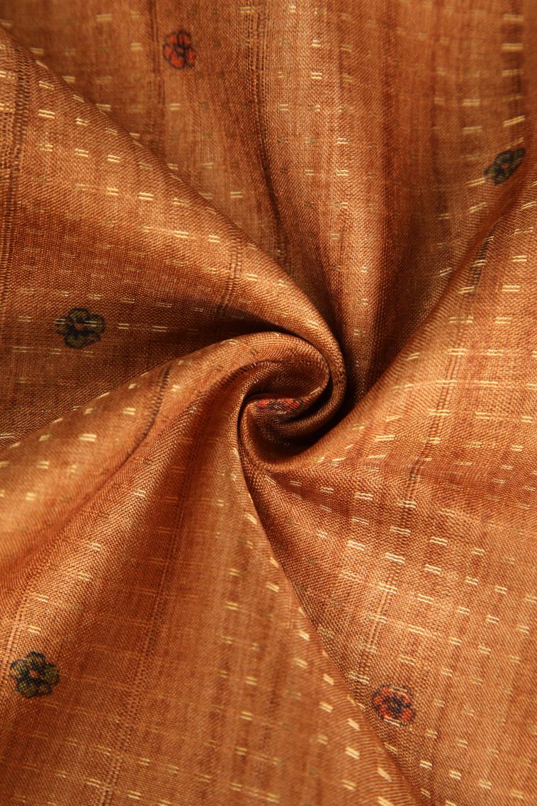 Tawny Brown Semi Tussar Silk with Gold Zari Checks And Puttas view 4