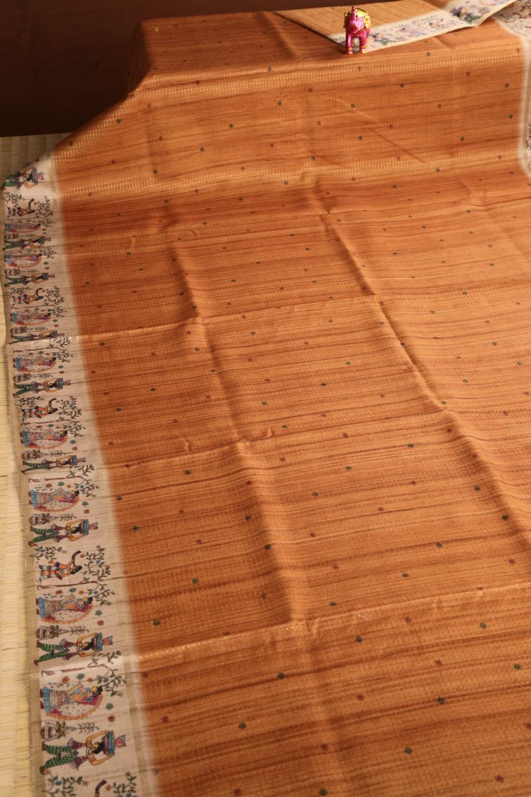 Tawny Brown Semi Tussar Silk with Gold Zari Checks And Puttas view 2