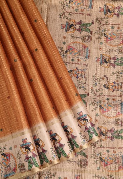 Tawny Brown Semi Tussar Silk with Gold Zari Checks And Puttas