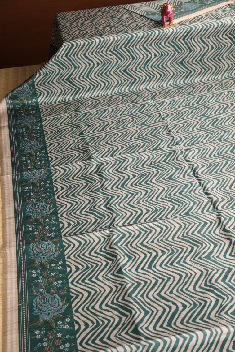 Pine Green Semi Tussar Silk with Gold Zari Zig Zag Pattern view 2