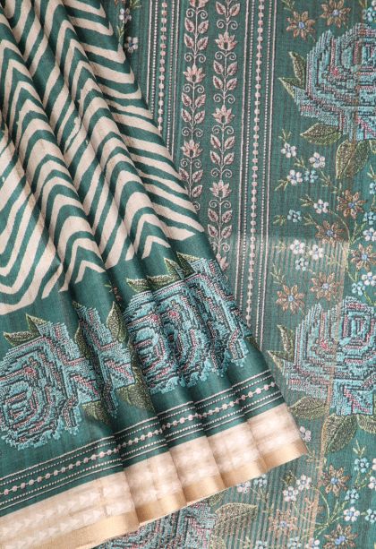 Pine Green Semi Tussar Silk with Gold Zari Zig Zag Pattern