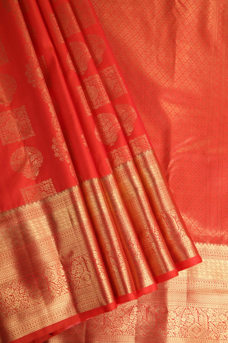 Tiger Orange Apoorva Silk Sarees with Gold Zari Floral Patterns view 1