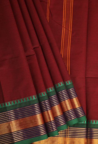 Cherry  Red Chettinad Cotton Sarees with Gold Zari Plain